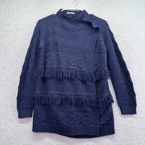 Mayoral Womens Cardigan Sweater Size 14 Navy Blue Fringe Multi Stitch Design